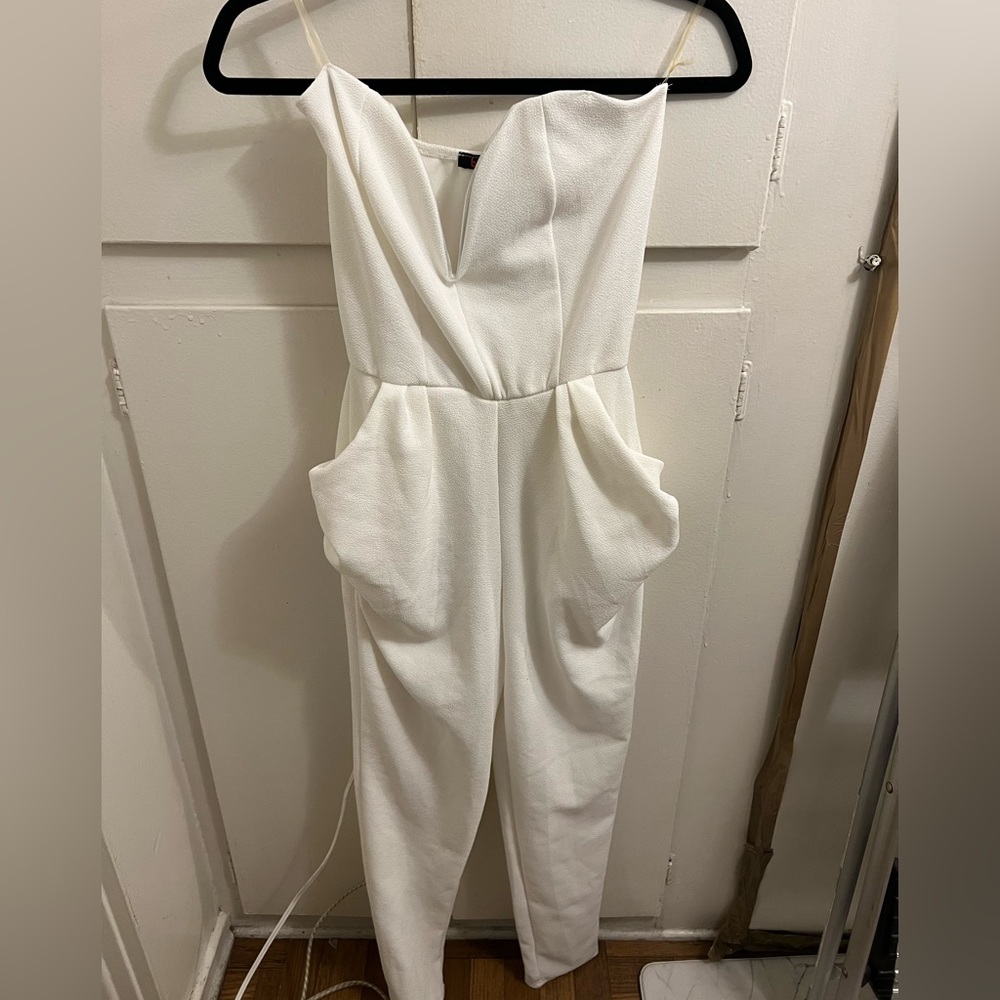 White, strapless, jumpsuit, plunging